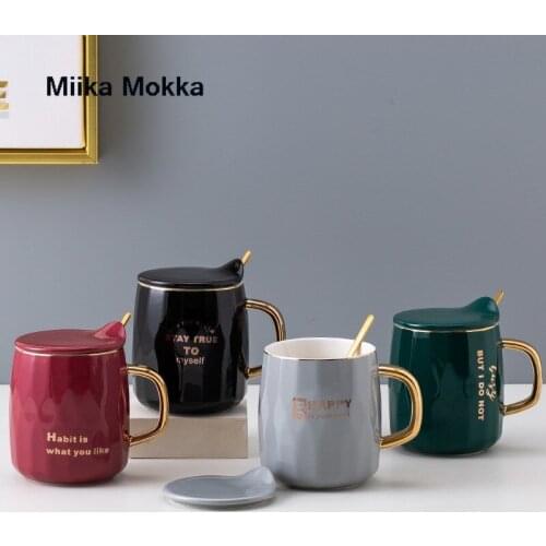 Nordic Coffee Mug with Lid Spoon Ceramic Gold Inlay Mug Breakfast Mug Office Home Drinkware Milke Cup 500ml Coffee Cup Gifts