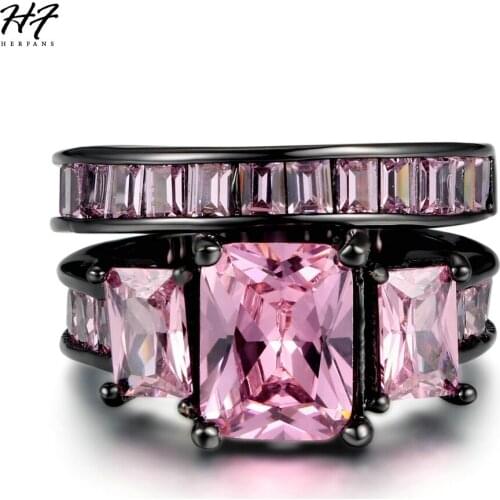 2018 New Luxury Square Cut Black Gold Color Pink Crystal Finger Ring Sets Fashion Brand Punk Style Jewelry For Women DD002