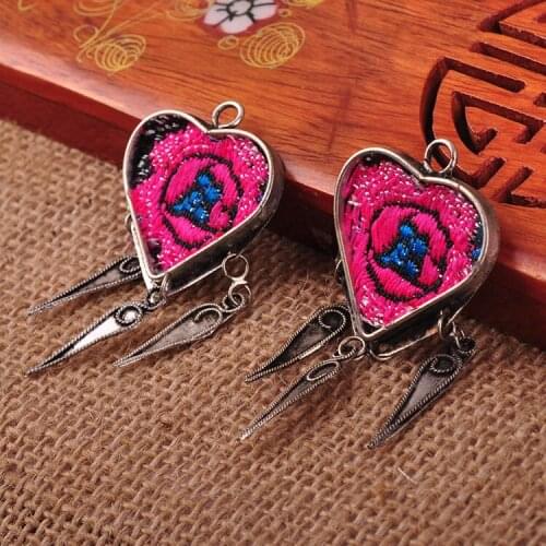National style heart-shaped fashion creative Miao silver embroidered Earrings