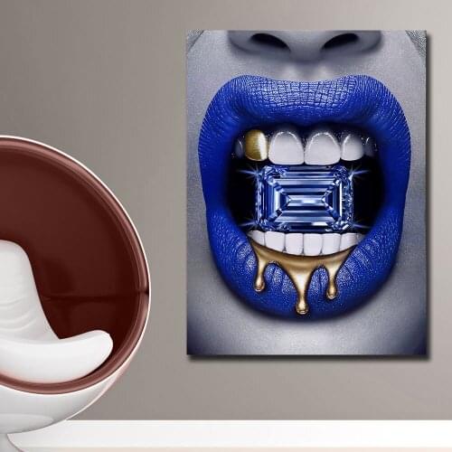 Fashion Large Size Wall Art Prints Posters Sexy Blue Lips Diamond Drip Modern Canvas paintings For living room Decor Unframed