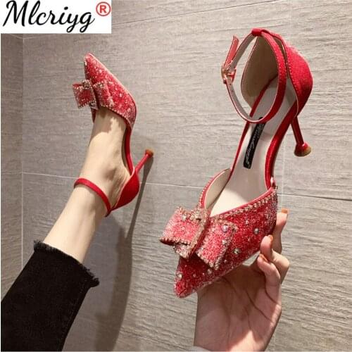 2021 New Fashion Bow Ankle Strap Thin Heels Shoes for Wedding Women Luxury Rhinestones Party Dress Pumps Woman Pointed Toe Shoes