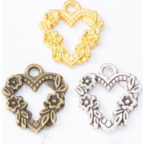 New 21x18mm 20pcs/lot 3 Colors Plated Flower Style Heart Charms pendant For Making Handmade Necklaces Bracelets Jewelry
