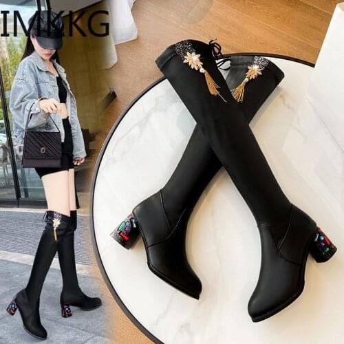 Slim Boots Sexy The Knee High Pu flock Women Snow boots Womens Fashion Winter rhinestone Botas Feminina pu Leather Boots