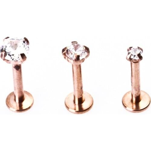 Rose Gold Labret Stud Lip Ring Ear Stud Crystal CZ Gem Zircon Clear 2mm 3mm 4mm 16G Internally Threaded CZ Tragus Body Jewelry