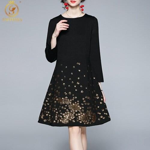 SMTHMA 2021 New Fashion Autumn And Winter Sequin Embroidery Dress High Quality Womens Temperament Long Sleeve A-Line Mini Dress