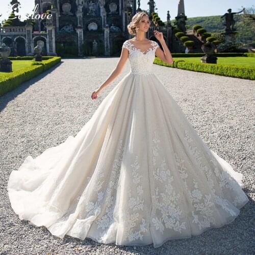 EVALOVE Elegant Scoop Neck Lace Up Ball Gown Wedding Dresses Gorgeous Cap Sleeve Appliques Vintage Bridal Gown Vestido De Noiva