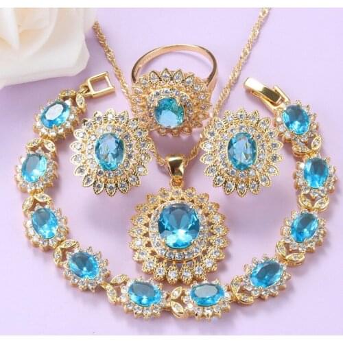 Wedding Accessories Bridal Sunflower Jewelry Sets Gold-Color Sky Blue Zircon Clip Earrings And Necklace Big Bracelet Women Sets
