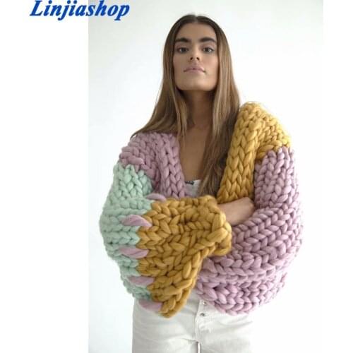 Contrast color Hand Crotch Cardigan Vintage Woman Long Batwing Sleeve Sweater Loose Knitwear Jumper Autumn Winter