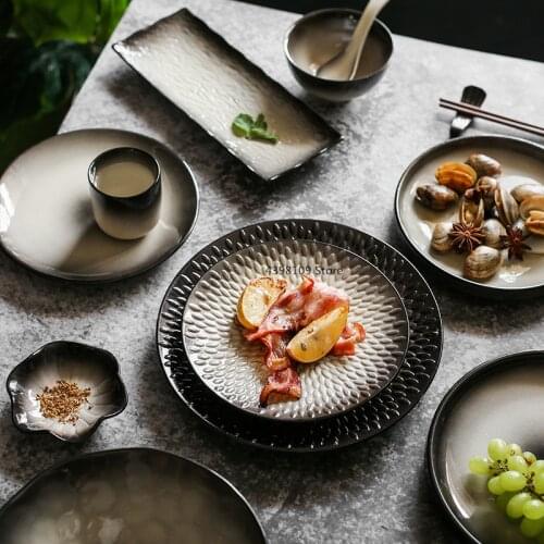 Japanese retro ceramic tableware steak plate sushi plate household soup bowl seasoning dish round dinner plate spoon cutlery set