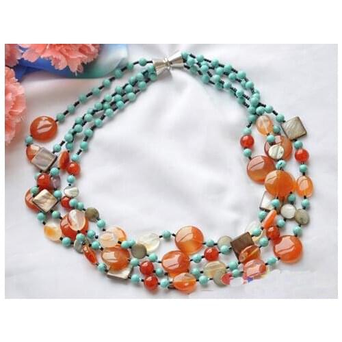 Perfect Handmade Luck Jewellery,4Rows 20inches Red Car-nelian,Turqu-oise Beads Shell Necklace,Magnet Clasp