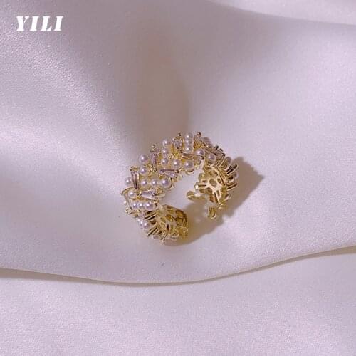 2021 New Korean Zircon Pearl Open Rings Fashion White Crystal Adjustable Opening Ring for Women Girl Luxury Unusual Jewelry