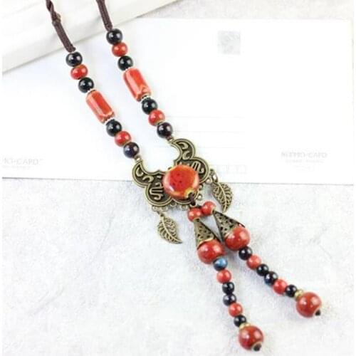 Women Fashion Unique Ceramic Tassel Pendant Necklaces Vintage Style Necklace Sweater Chain Jewelry