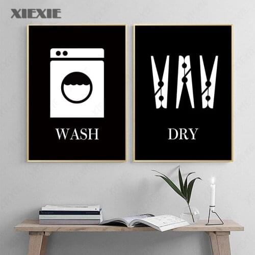 Black White Wall Art Canvas Print Painting Wash Dry Press Laundry Sign Poster and Picture Nordic Style for Bathroom Decor Mural