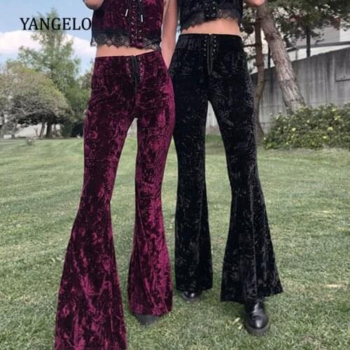 Y2K Goth Black Flare Pants Harajuku High Waist Bandage Pants Vintage Aesthetic Velvet Women Trousers Streetwear Pants