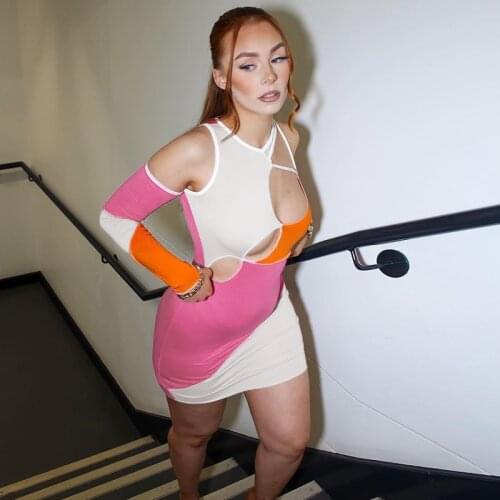 Elegant Sexy Mini Bodycon patchwork dress Women Long Sleeve Hollow Out Short Party Wrap Tight Clubwear 2021 Casual Srteetwear