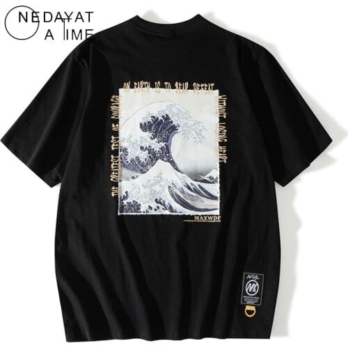 NEDAYATATIM T-Shirts Streetwear Hip Hop Men Japanese Ukiyoe Kanagawa Surfing Print Short Sleeve Tees Harajuku Cotton Casual Tops