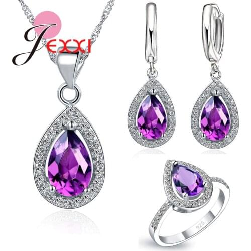 Luxury Water Drop Cubic Zirconia CZ Stone Real 925 Sterling Silver Earrings Necklaces Finger Rings Jewelry Set Accessory