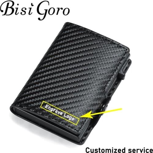 BISI GORO Engraving Wallet RFID Aluminum Card Holder Customized Name Individuation Logo Carbon Fiber Men Brand PU Hasp Wallet