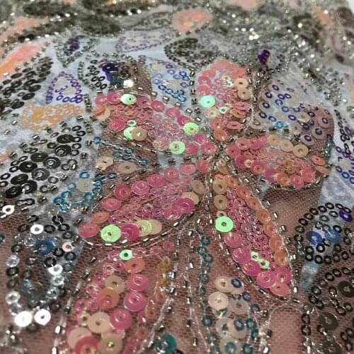 2021 Multi-Colors African Guipure Floral Mesh Flower Beaded Embroidery Lace Fabric High Quality Sequence Tulle Voile DIY Sewing