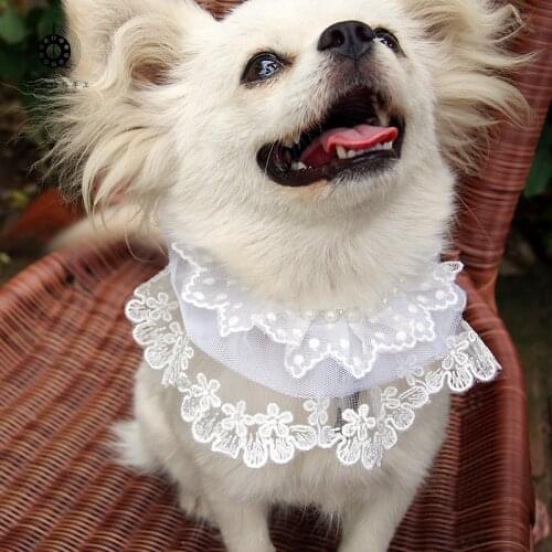 Lace White Pearl Turban Bib Cute Simple Pet Dog Cat Lace Fabric Collar Saliva Towel Scarf Adjustable Clothing Decorative