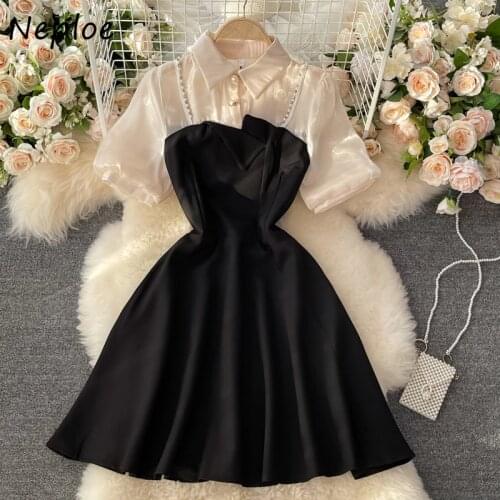 Neploe Summer Fake Two Pieces Women Dress Office High Waist Slim A Line Short Femme Vestidos Turn Down Collar Solid Female Robe