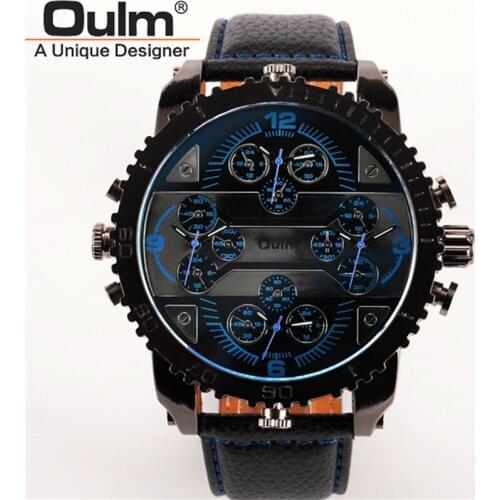 Mens Watches Top Brand OULM Fashion Design Big Face Multiple Time Zone Leather Casual Quartz Watch Montre Homme Marque Grosses