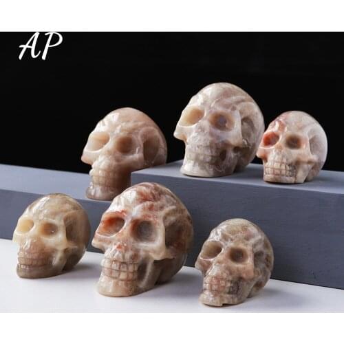 Natural Crystal Reiki Skull Flowing blue light Stone Healing White Moonstone Skull Quartz Crystal Sculpture Home Collectible