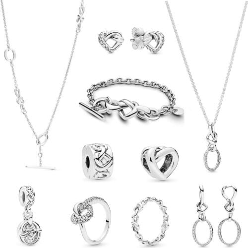 NEW 100% 925 Sterling Silver Knotted Heart Ring Earrings Pendant Charm Necklace Fit DIY Womens Bracelet Original Jewelry Gift