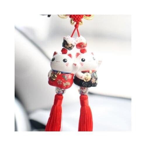 Interior Hanging Ornament Ceramic Maneki Neko Lucky Cat Fat Cat Crystal Sleutelhanger Car Pandent Key chain Chaveiro Decoration