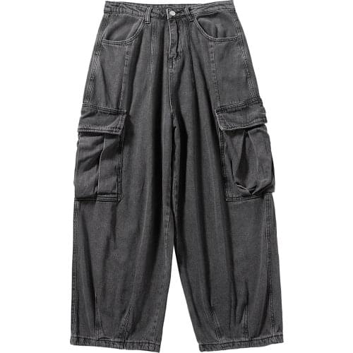 High Waisted Vintage Oversized Denim Pants Plus Size Men Black Baggy Jeans Big Pockets 2021 Hip Hop Harem Pants
