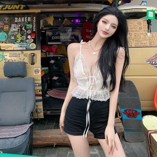 Chiffon Shirt Womens New Summer Thin Section French Hollow Lace Sling Blouse Short Sweet Cardigan Women