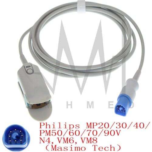 Masimo Tech for Oximetry Probe Cable of Philips MP20/30/40/ PM50/60/70/90 VN4,VM6,VM8 Patient Monitor,8pin 3m Finger/Ear Wire