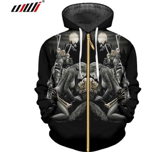 UJWI New Mens Cool Print Corpse Bride Motorcycle Skull 3d Zip Hoodie Sweatshirt Man Bodybuiling Fitness Long Sleeve Cardigan