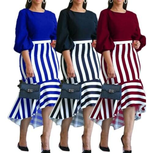 VITIANA Women Office OL Dress Summer 2021 Female Striped Lantern Sleeve Trumpet Party Dresses Femme Black Vestidos Africa