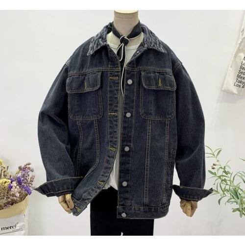 Blue Denim Jacket Mid-length Casual Leopard Print Lapel Patchwork Women Basic coat Loose Vintage Harajuku Big pocket Jean Jacket