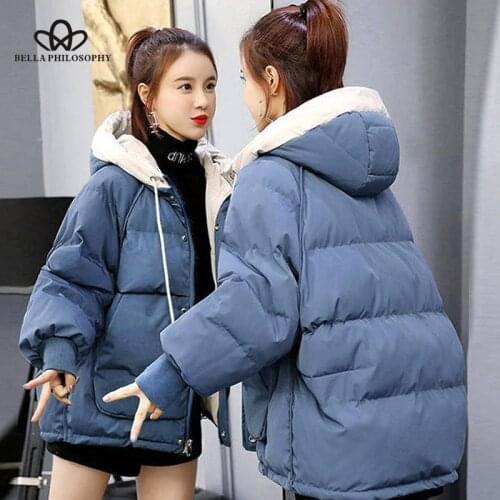 Bella philosophy winter solid women warm parkas streetwear ladies Harajuku casual hooded coat female loose A-line jacket outwear