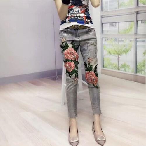 Woman 3d Beaded Embroidery Denim Skinny Pant Femme Pencil Jeans Trousers Holes Pattern Jeans Denim Trousers