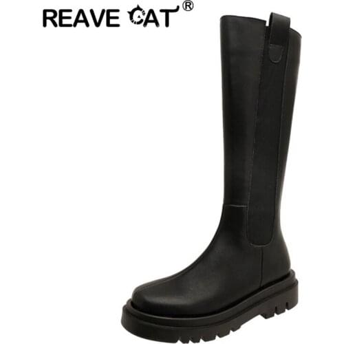 REAVE CAT Size 33-43 Slip On Genuine Leather Boots Women Thick High Sole Chelsea British Style Winter Platform Knee High Bootie