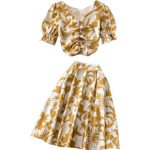 Sweet Vacation Style Summer Women Sets Fashion Print Folds Short Top And Skirt Two Piece Set