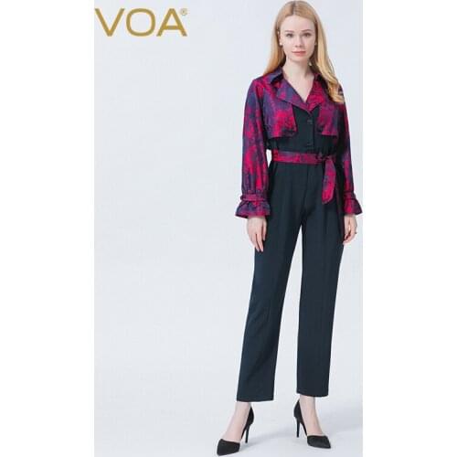 VOA Silk Jumpsuits for Women 2021 Elegant Stretch Heavy Crepe Blue Printed Floral Pant Two Button Original Design Jumpsuit KE557