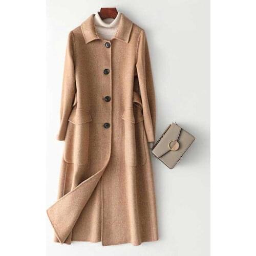 2019 Women Cashmere Long Coat Elegant Camel Woolen Coat Single Button Design Winter Warm Coat With Pocket Casaco Feminino