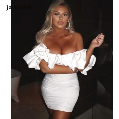Josiaoprah Ruffe Off Shoulder Sexy Dress Women Classic White Elegant Party Dresses Short Club Wear Slim Fit Bodycon Dress Mini