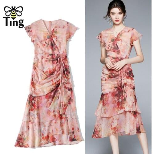 Tingfly Women Fashion Summer Dress Floral Printing Drawstring Ruffles Casual Midi Long Dresses Plus size Bodycon Robes Trendy