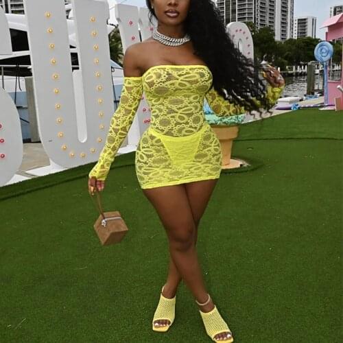 Women Mini Dress Long Sleeve Lace Mesh One Word Collar Transparent Solid Color Bodycon Sexy Party Club Dress