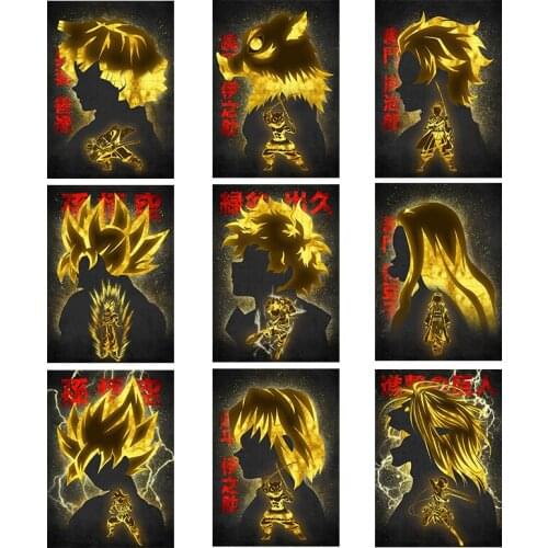 Golden Minimalist Anime Canvas Painting Attacking Giant Goku Posters and Prints Print Mural Pictures Boys Room Home Wall Decor