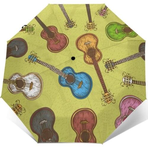 Wind Resistant Fully-Automatic Umbrella Colorful Wooden Acoustic Guitar Illustration Rain 3 Folding Parasol Travel Car Umbrella