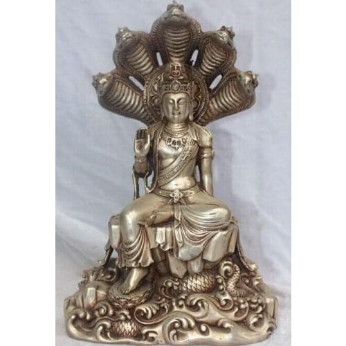 12" Tibet Tibetan Buddhism Silver 5-Heads Snake Naga Kanya Goddess Buddha Statue S0708 (B0328)