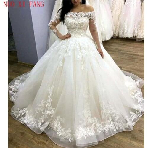2020 Elegant White Flower Wedding Dresses With See Through Full Sleeves Lace Appliques Bridal Gowns Boat Neck Vestido De Noiva
