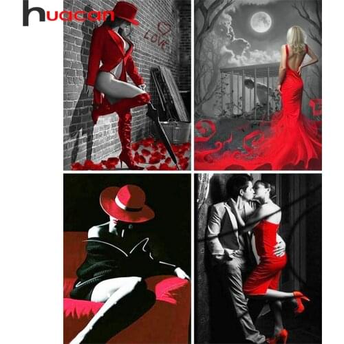 Huacan 5d Diamond Painting Full Square Woman Black Red Mosaic Lady Girl Embroidery Home Decor Diamond Art