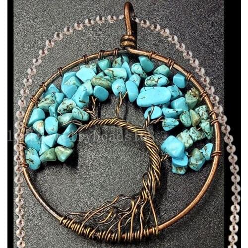 Free Shipping Women Beatiful Tree of life -Howlite Wire Wrap Round Art Necklace With Chain 1pcs C4470n